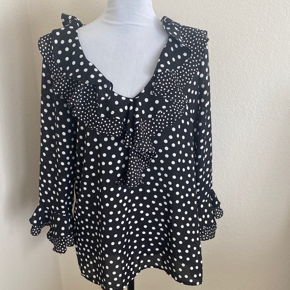 Jones New York Polka Dot Ruffle Blouse - Black and White